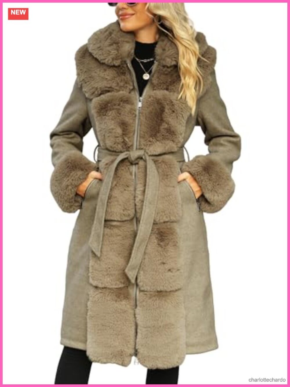 Faux Fur Trim Wool Blend Belted Long Pea Coat Winter Parka